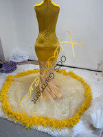 Ocstrade Robes de Bal Sirène Femme Fluides Luxe Or Strass Diamant Paillettes Plumes Traîne 2025 Élégantes