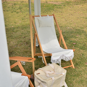 Conjunto de Muebles de Playa de Alta Gama, Resistentes a la Intemperie, con Tumbona de Madera, Gazebo con Flecos Estilo Boho, Plegables para Exteriores - Product Image 4