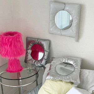 Korean style minimalist padded makeup <b>mirror</b>, mini portable fabric beauty <b>mirror</b>, cute and soft makeup touch-up <b>mirror</b>. - Product Image 1