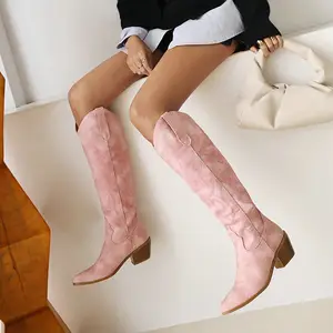 鑫子雨时尚牛仔女鞋过膝高筒靴粉色麂皮皮革6厘米厚跟女鞋西部靴