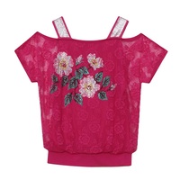 Camiseta Floral colorida para mujer, doble capa, gasa de seda helada, manga corta, encaje de flores de diamantes de imitación, camisetas, ropa de fiesta