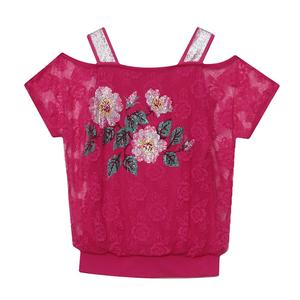 Coloré Floral Femmes T-<span class=keywords><strong>shirt</strong></span> Double Couches Glace Soie <span class=keywords><strong>Gaze</strong></span> À Manches Courtes Strass Fleur Dentelle <span class=keywords><strong>Tee</strong></span> Tops Vêtements <span class=keywords><strong>De</strong></span> Fête - Product Image 4