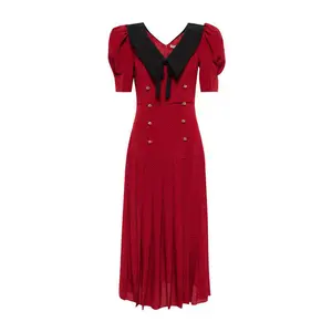 Custom women's new design v neck black contrast collar red polka dots lined pleated midi dress