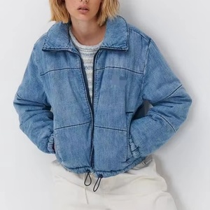 Fashionable High Quality Casual Denim Puffer Jacket with <b>Button</b> Detail Waist-Length Light Wash Custom Logo <b>Jean</b> Jacket for Women - Product Image 1