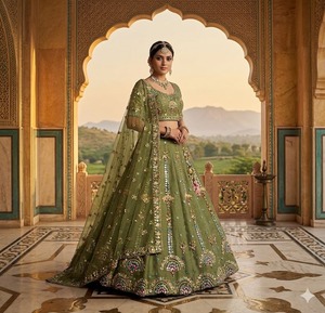 Conjunto de Lehenga Bordado Olive Bloom para Mujer, Traje Étnico para Bodas y Fiestas con Dupatta, Estilo Moderno, Secado Rápido, Sin Arrugas - Product Image 2