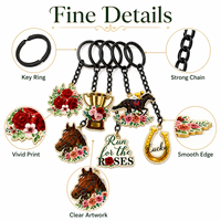 Ensemble de porte-clés vintage personnalisés en métal, émail dur, motifs Rose rouge, Trophée, Tête de cheval, Fer à cheval, Souvenir équestre et de courses de chevaux