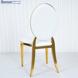 Silla de Lujo Estilo Luis con <span class=keywords><strong>Asiento</strong></span> de PU Blanco para Eventos de Boda, Silla de Comedor con Respaldo Ovalado de Acero Inoxidable Dorado para Banquetes de Hotel - Product Image 5