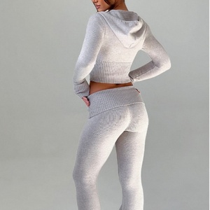 Wholesale Custom Autumn Winter New Solid Color Regular Fit Full Sleeve Hooded Top Casual Pants Suit Two Piece <b>Set</b> Women - Product Image 5