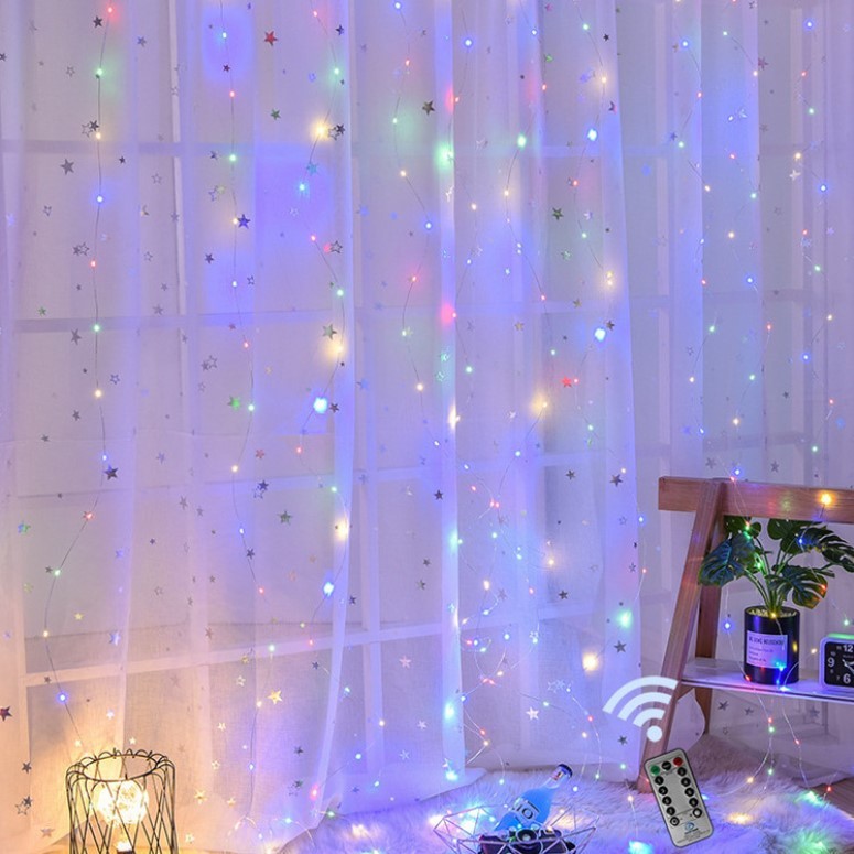 LED Curtain Light Holiday Decoration Copper Wire Indoor Girl 3*3 meters Remote Control USB Small String Lights