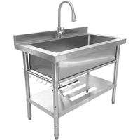 Évier utilitaire autoportant en acier inoxydable à cuve unique pour buanderie avec robinet extractible chaud/froid, étagère de rangement et crochets