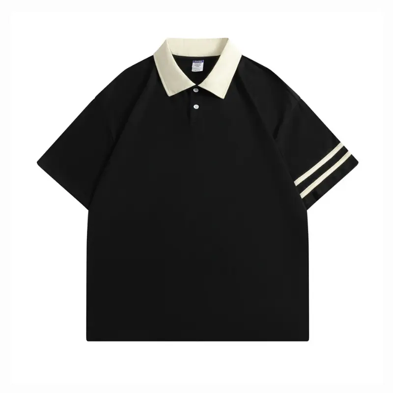 Groothandel Custom Logo Streetwear Print Polo Shirt Drop Schouder Parallelle Staven Unisex Katoenen Heren Turn Down Kraag T-Shirt