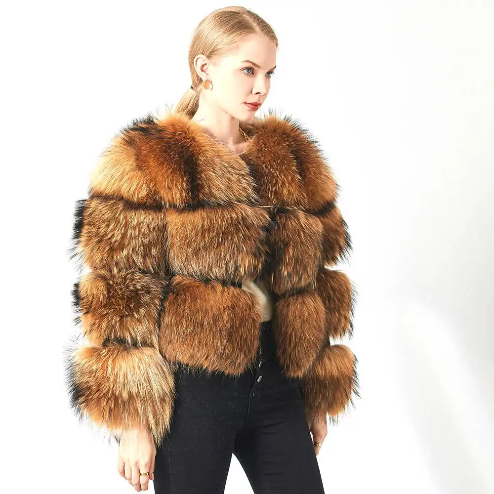 Lớn Fluffy Lông Gấu Trúc Áo Crop Nữ Màu Nâu Tự Nhiên Racoon Fur Coat Bất Gấu Trúc Cho Phụ Nữ