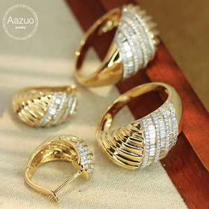 Aazuo – ensemble de bijoux de luxe Vintage en or massif 18 carats, bague et boucles d'oreilles en diamant naturel, cadeau pour femme, fête d'anniversaire, banquet haut de gamme - Product Image 1