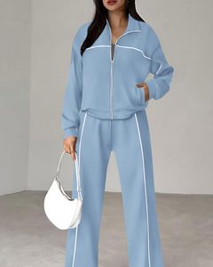 Conjunto Deportivo Informal para Mujer, Chaqueta <span class=keywords><strong>con</strong></span> Cremallera de Manga Larga, Pantalones Anchos de Pierna, Dos Piezas, <span class=keywords><strong>Traje</strong></span> Deportivo Holgado de Color Sólido para Uso Diario - Product Image 1