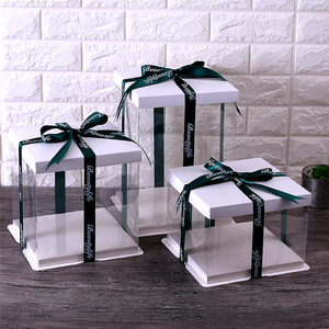 8 Inch Luxury Transparent Clear Square PET Plastic Display Packaging Gift Tall Cake Boxes In Bulk With Window Ivory Board Lids