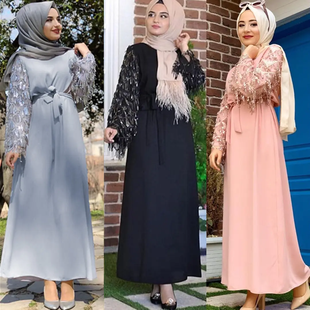 Мусульманские платья с кисточками и пайетками нового дизайна, модный Дубайский кафтан, арабский стиль, Исламская одежда в марокканском стиле, халаты абайя для праздничного платья