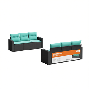 Ensemble de canapé de patio extérieur Mibie Melopa 3 places en polyrotin noir avec coussins, design moderne et contemporain - Product Image 1