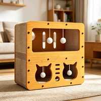 Tempat Tidur dan Tiang Garuk Kucing Dua Tingkat, Papan Padat, Kertas Bergelombang, Bebas Serat, Mainan Lucu Bergaya Imut