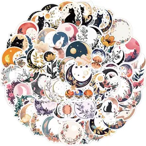 50 Stück Crescent Flowers Moon Cat Aufkleber, Vinyl Aufkleber Dekoration PVC wasserdichter Aufkleber Perfekt für Scrap book Laptop