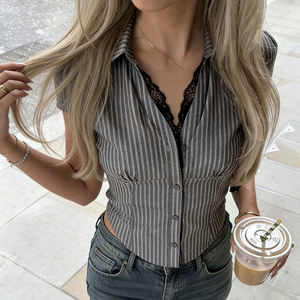 Blusa Casual de Manga Corta con Estampado de Rayas para Mujer, Nueva Llegada, Venta Caliente, con Botones de Encaje y Cintura Ajustada, Ropa de Trabajo de Oficina - Product Image 3