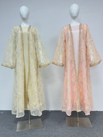 Abaya élégante en polyester à sequins et dentelle florale perlée à la main, ensemble deux pièces ouvert sur le devant avec bordure dorée, Kaftan musulman pour l'Aïd, le Ramadan et l'automne