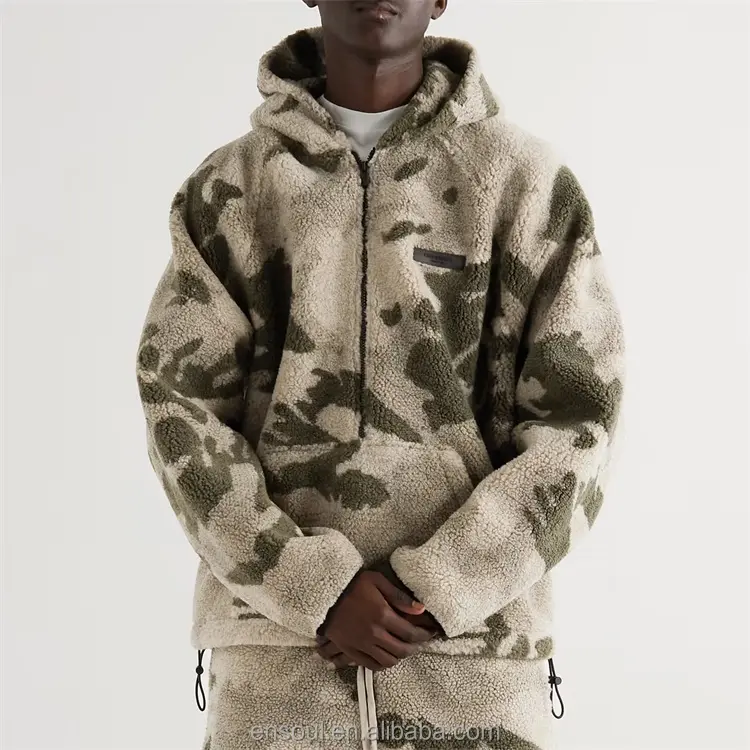 OEM Wholesale full print half zip fleece sherpa camouflage pullover hoodie for men