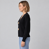 Großhandel Damen V-Ausschnitt Strickjacke mit Geripptem Saum und Goldknöpfen Herbst Winter Oberbekleidung Langarm Eleganter Pullover