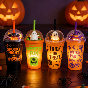 Bicchiere in plastica a doppio strato con micro paesaggio a tema cartone animato Halloween Ghost Festival, tazza per bambini con cannuccia, per latte, tè e feste - Product Image 1