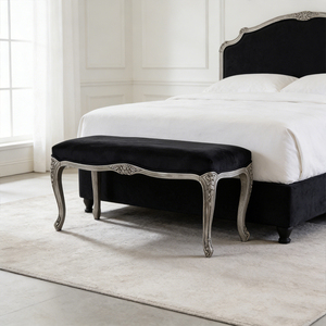 <span class=keywords><strong>Banc</strong></span> en velours bleu marine français avec assise rembourrée et pieds en bois sculpté, finition gris vieilli, meuble pour <span class=keywords><strong>chambre</strong></span> à coucher - Product Image 2