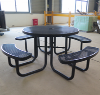 Table de pique-nique extérieure en métal sur mesure avec bancs, revêtement thermoplastique, table de pique-nique ronde commerciale avec banc