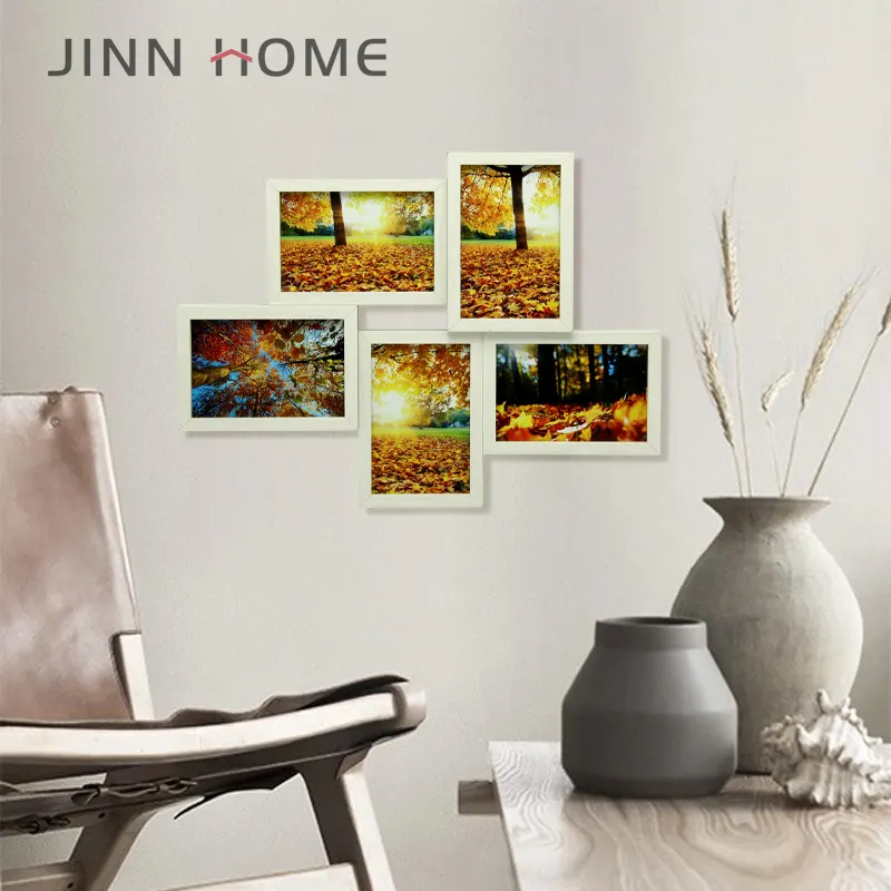 Jinn Home 5 PCS 4X6in Blanc En Bois Mémorial Cadre Photo Collage Photos Ensemble Décoration Murale