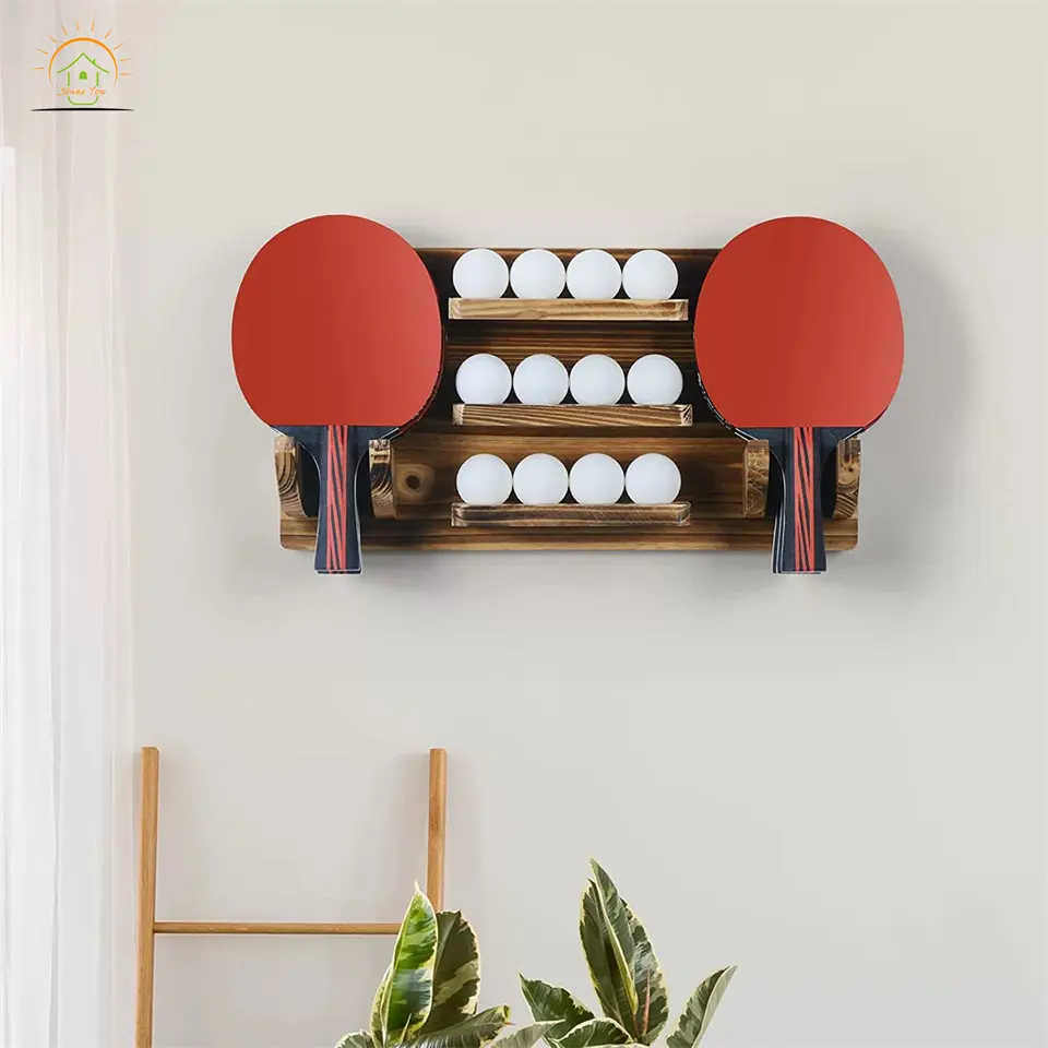 Estante de madera Vintage montado en la pared, soporte de madera gris personalizado para Ping Pong, Paddle, tenis de mesa con estante de almacenamiento de bolas