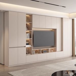 Mobile <span class=keywords><strong>TV</strong></span> Moderno Minimalista Beige con Illuminazione LED, Centro Intrattenimento Integrato con Scaffali Aperti e Cassetti - Product Image 1