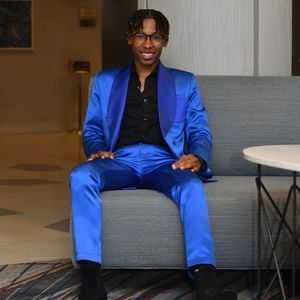 闪亮的皇家蓝色男士套装<span class=keywords><strong>2</strong></span>件 (夹克 + 裤子) 结婚礼服新郎礼服派对舞会外套商务服装裁缝 - Product Image 1