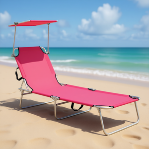 เก้าอี้ชายหาดพับได้สีชมพูพร้อมหลังคาสำหรับใช้กลางแจ้ง ชายหาด และลานบ้าน - Product Image 2