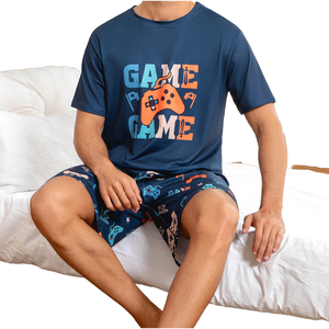 Pijama de Manga Corta para Hombre, Talla Grande, Otoño e Invierno, 150g, Algodón Tejido, Estampado Digital, Cuello Redondo, Ropa de Dormir Informal - Product Image 1