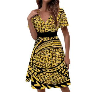 New Style Pacific Designs Island Dresses Women Elegant Deep V Neck Mid Ladies Dress Custom Polynesian Tribal Womens Clothing