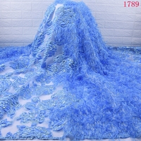 Tissu Brocart Nouvelle Dentelle Française Africaine avec Plumes Moelleuses, Broderie Jacquard Nigériane en Dentelle Filet pour Robe 1789