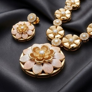 925 Silver Italian Gold Floral Necklace Set with Matching Earrings Crystal Round Brilliant <b>Cut</b> <b>Stones</b> Designer Jewelry - Product Image 4