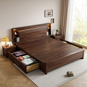Nordic Simple Modern Japanese Style Solid Wood <b>Bed</b> With Bedside Lamp 1.5m & Double <b>Single</b> <b>Storage</b> Options <b>Beds</b> - Product Image 6