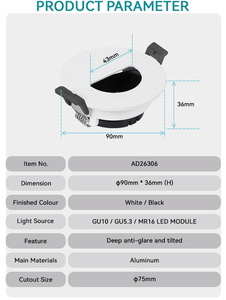 กรอบสปอตไลท์ LED ติดผนังป้องกันแสงสะท้อน GU10ปิดภาคเรียนปรับได้ MR16ที่อยู่อาศัย - Product Image 5