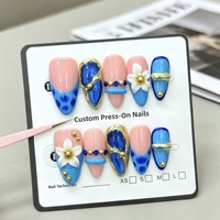 [Blue Amber] Kuku Palsu Bentuk Almond Terlaris Lintas Negara, Stiker Kuku Bunga Biru Laris Manis Musim Panas