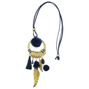 Collana Girocollo Statement da Donna alla Moda con Ciondolo a Nappa Placcato Oro, Filo Turchese, Foglia e Palla di Peluche, con Piuma - Product Image 3