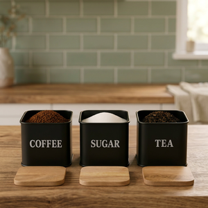 Sheeraz International Modern Set of 3 Black Metal Coffee Sugar Tea Storage Canisters with Wood Lids Airtight Kitchen Containers - Product Image 1
