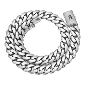 Collar de Cadena Cubana Plana Laminada de Acero Inoxidable Grueso de 14 mm con Cierre de Caja y Circonitas Cúbicas Estilo Hip Hop, Chapado en <span class=keywords><strong>Oro</strong></span> de <span class=keywords><strong>14K</strong></span> para Hombre - Product Image 3