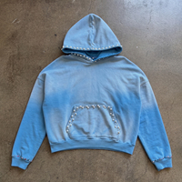 Sweat à capuche streetwear pour hommes en molleton de coton épais, personnalisé, bleu délavé, orné de perles et de strass, coupe ample, vente en gros