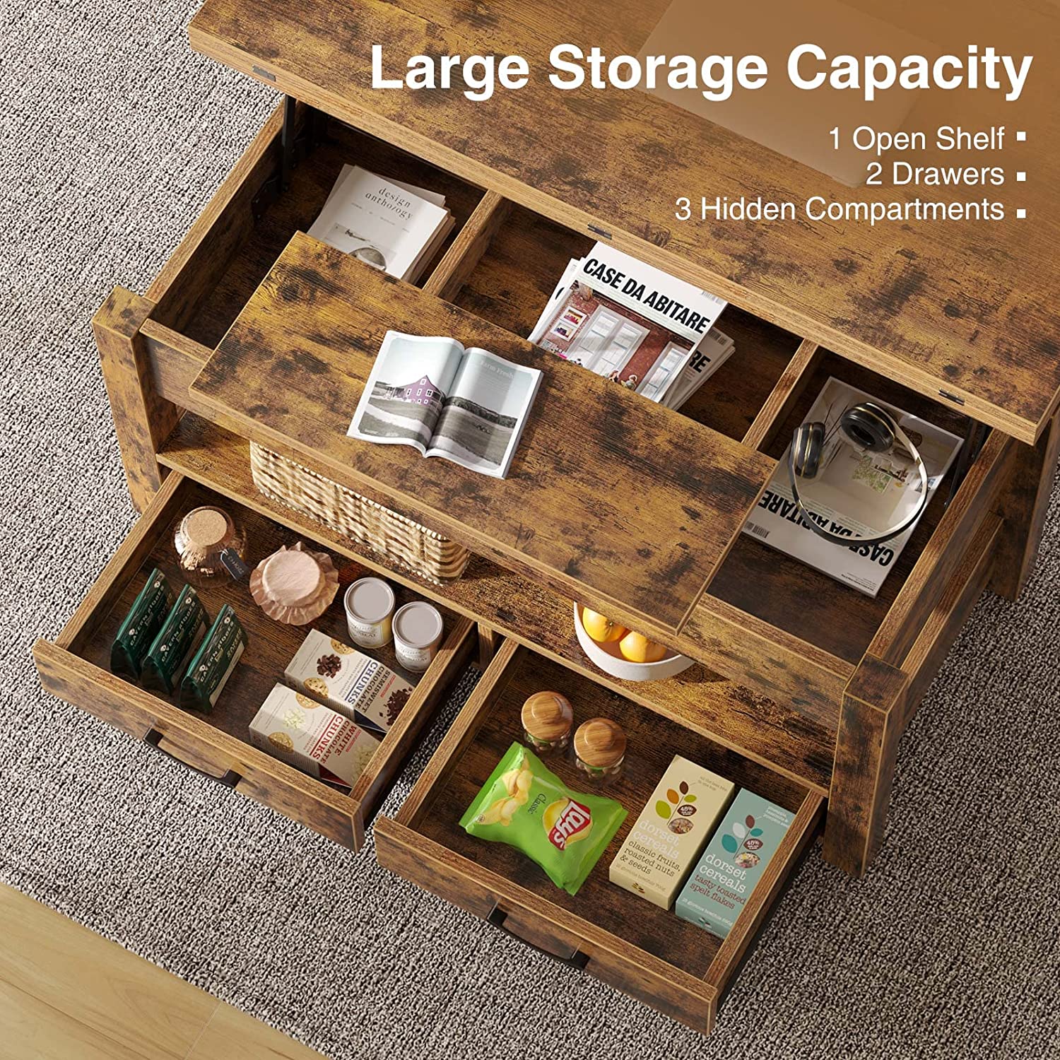 Multi-Function Convertible Coffee Table with Drawers and Hidden Compartment Dining Table for Living Room Home Office