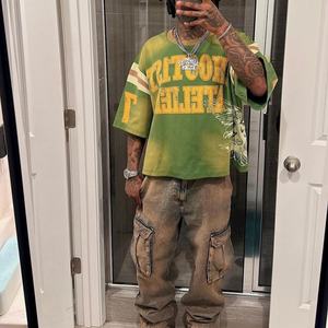 เสื้อยืดสตรีทแวร์ดีไซน์ใหม่ปี 2024 ทรงบ็อกซี่โอเวอร์ไซส์ แขนสั้นฟอกสี ทรงหลวมไหล่ตก เสื้อครอปสำหรับผู้ชาย - Product Image 2