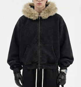 <span class=keywords><strong>Sweat</strong></span> à <span class=keywords><strong>capuche</strong></span> zippé ample et décontracté en coton et polyester, style streetwear, effet délavé à l'acide, logo personnalisé vintage, style boxy, délavé au soleil - Product Image 3