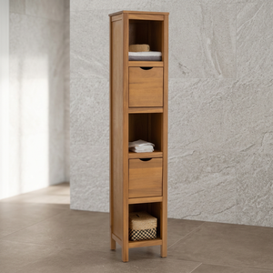 Solid Teak Wood <b>Tall</b> Bathroom <b>Cabinet</b> 2 Drawer 3 Open Shelf Linen Tower - Product Image 3